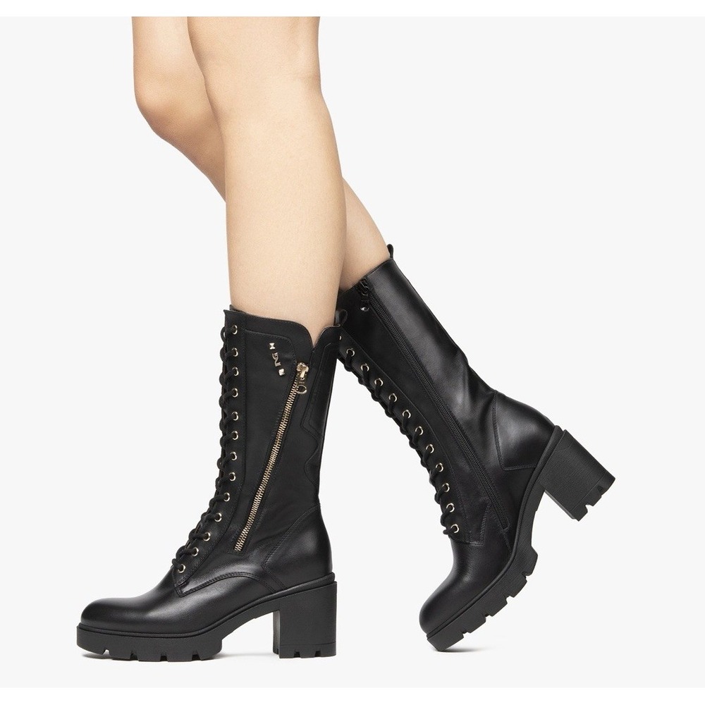 Nero Giardini Stretch Combat Tall Boot Lace Up Black Leather Womens EU 37